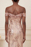 Sparkly Blush Long Floral Beaded Off the Shoulder Prom Dress