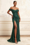Sparkly Dark Green Mermaid Beaded Ruched Long Prom Dress with Slit