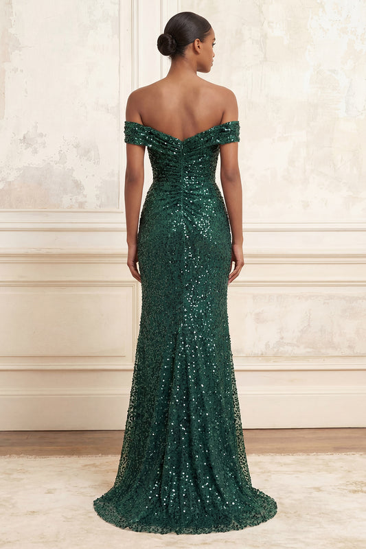 Sparkly Dark Green Mermaid Beaded Ruched Long Prom Dress with Slit