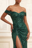 Sparkly Dark Green Mermaid Beaded Ruched Long Prom Dress with Slit