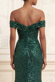 Sparkly Dark Green Mermaid Beaded Ruched Long Prom Dress with Slit
