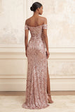 Beaded Off the Shoulder Sparkly Blush Long Floral Prom Dress with Slit