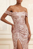Beaded Off the Shoulder Sparkly Blush Long Floral Prom Dress with Slit