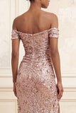 Beaded Off the Shoulder Sparkly Blush Long Floral Prom Dress with Slit