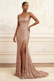 Halter Beaded Sparkly Blush Long Floral Prom Dress with Slit