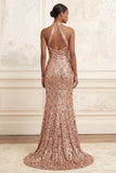 Halter Beaded Sparkly Blush Long Floral Prom Dress with Slit