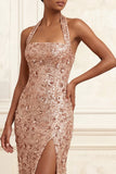 Halter Beaded Sparkly Blush Long Floral Prom Dress with Slit