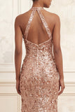 Halter Beaded Sparkly Blush Long Floral Prom Dress with Slit