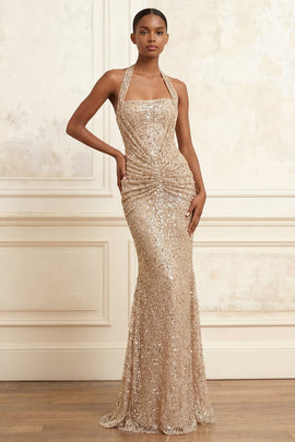 Halter Mermaid Beaded Ruched Sparkly Champagne Long Prom Dress