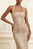 Halter Mermaid Beaded Ruched Sparkly Champagne Long Prom Dress