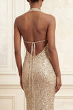 Halter Mermaid Beaded Ruched Sparkly Champagne Long Prom Dress