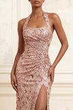 Halter Ruched Beaded Sparkly Blush Long Floral Prom Dress with Slit