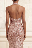 Halter Ruched Beaded Sparkly Blush Long Floral Prom Dress with Slit