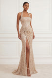 Sparkly Champagne Long Halter Ruched Beaded Prom Dress with Slit