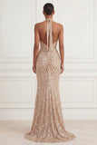 Sparkly Champagne Long Halter Ruched Beaded Prom Dress with Slit
