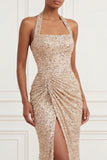 Sparkly Champagne Long Halter Ruched Beaded Prom Dress with Slit