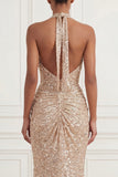 Sparkly Champagne Long Halter Ruched Beaded Prom Dress with Slit