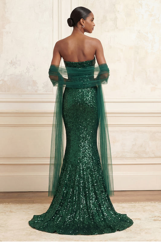 Strapless Sparkly Dark Green Mermaid Beaded Long Prom Dress with Shawl