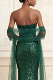 Strapless Sparkly Dark Green Mermaid Beaded Long Prom Dress with Shawl
