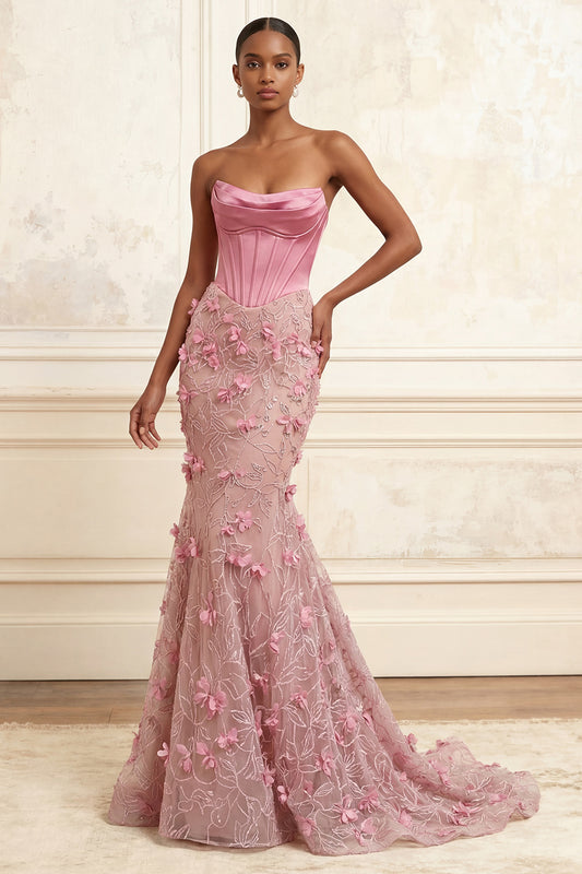 Floral Corset Basque Waist Pink Long Strapless Mermaid Prom Dress