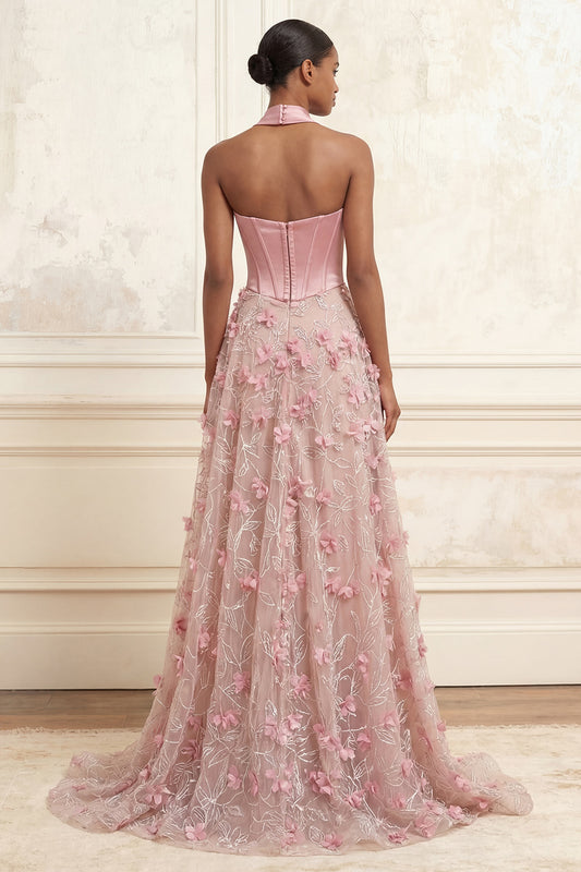 A Line Floral Corset Pink Basque Waist Long Prom Dress with Slit