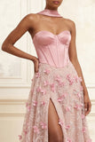 A Line Floral Corset Pink Basque Waist Long Prom Dress with Slit