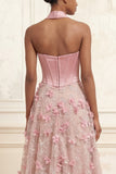 A Line Floral Corset Pink Basque Waist Long Prom Dress with Slit