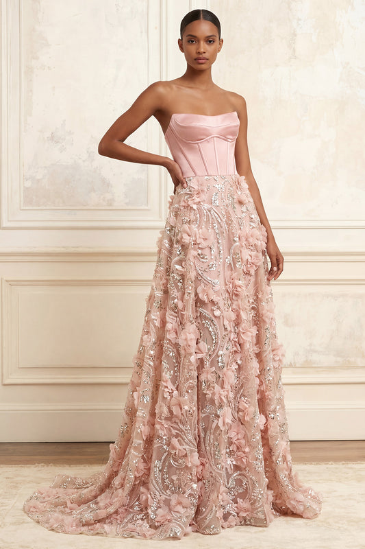 A Line Floral Corset Sparkly Blush Long Strapless Beaded Prom Dress