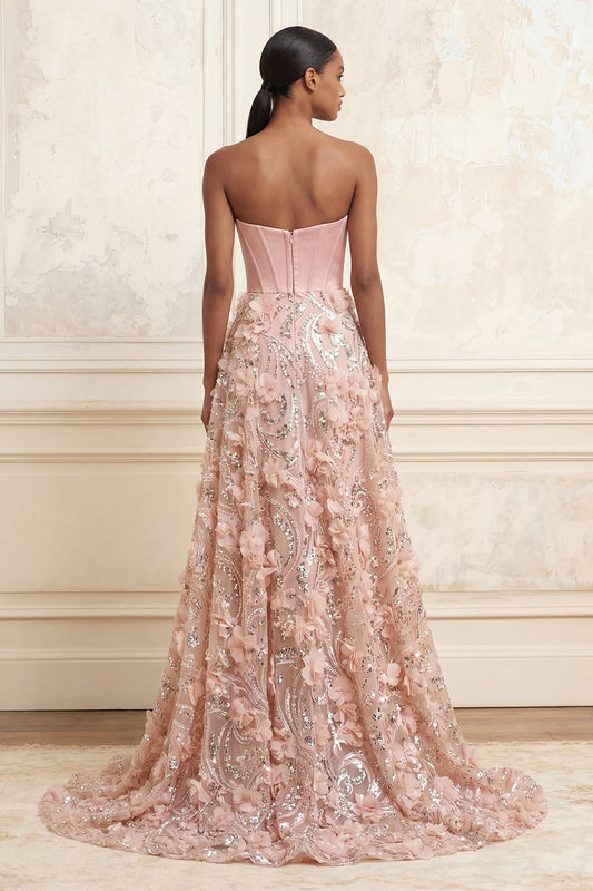 A Line Floral Corset Sparkly Blush Long Strapless Beaded Prom Dress
