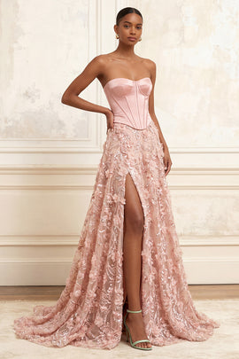 Long Strapless Beaded A Line Floral Corset Sparkly Blush Prom Dress with Slit