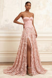 Long Strapless Beaded A Line Floral Corset Sparkly Blush Prom Dress with Slit