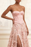 Long Strapless Beaded A Line Floral Corset Sparkly Blush Prom Dress with Slit