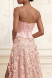 Long Strapless Beaded A Line Floral Corset Sparkly Blush Prom Dress with Slit