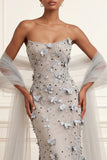 Floral Silver Long Strapless Mermaid Prom Dress with Shawl