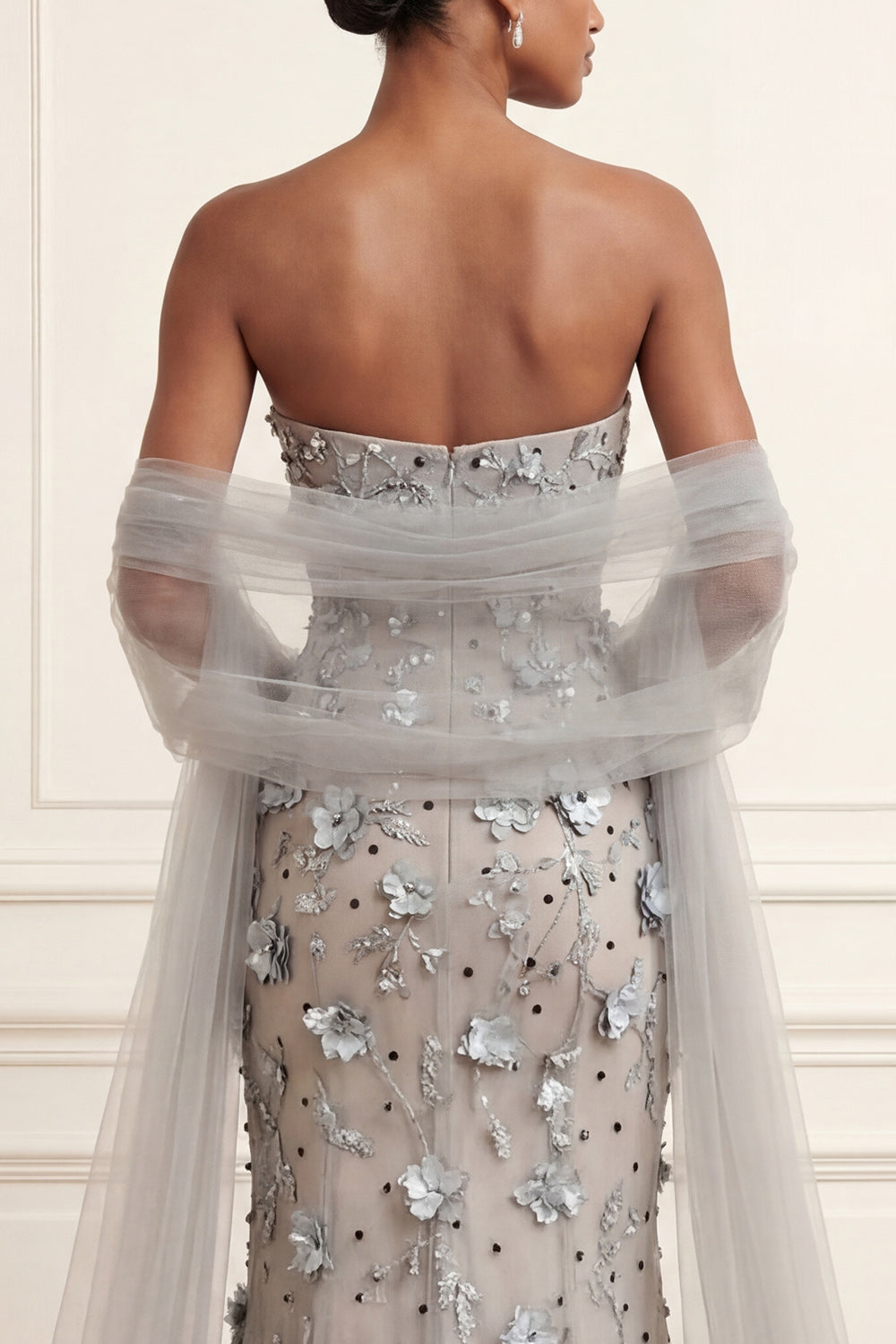 Floral Silver Long Strapless Mermaid Prom Dress with Shawl