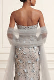 Floral Silver Long Strapless Mermaid Prom Dress with Shawl