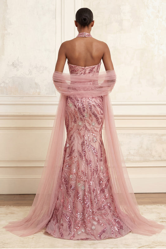 Strapless Sparkly Pink Long Mermaid Beaded Prom Dress with Shawl