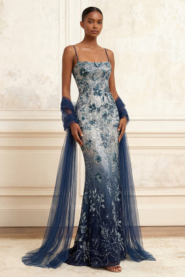 Spaghetti Straps Sparkly Navy Long Floral Beaded Prom Dress with Shawl