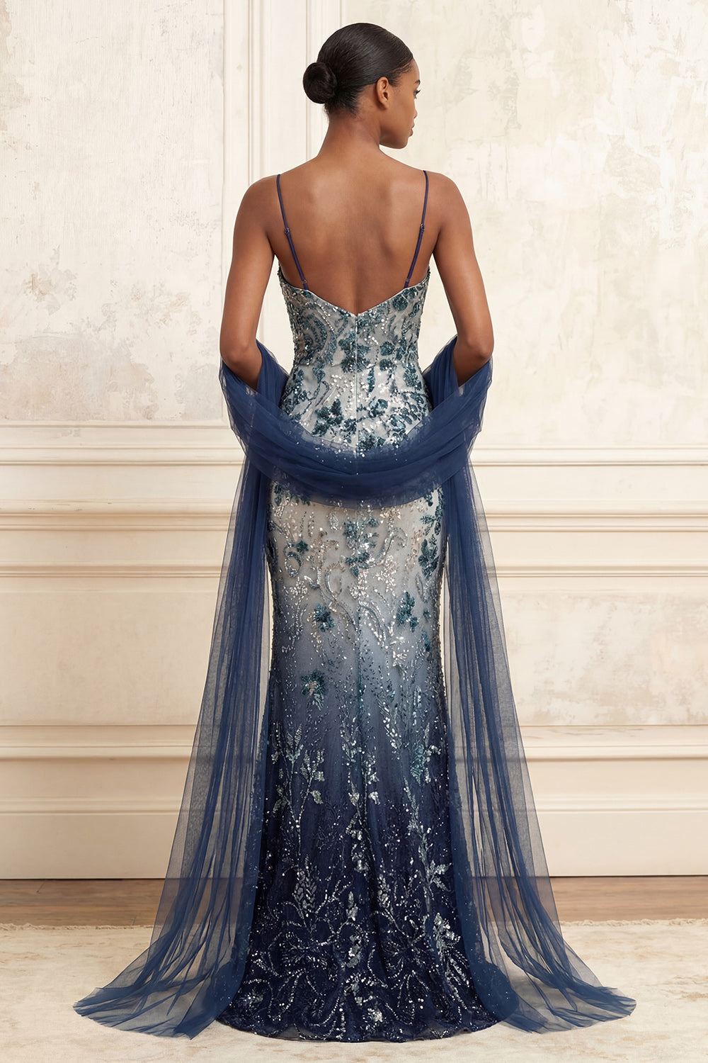 Spaghetti Straps Sparkly Navy Long Floral Beaded Prom Dress with Shawl