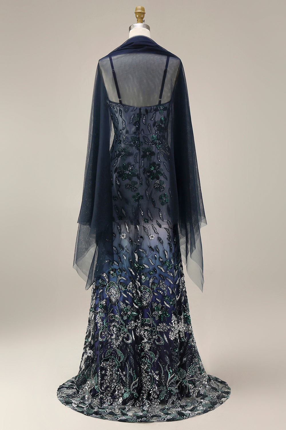 Spaghetti Straps Sparkly Navy Long Floral Beaded Prom Dress with Shawl