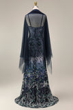 Spaghetti Straps Sparkly Navy Long Floral Beaded Prom Dress with Shawl
