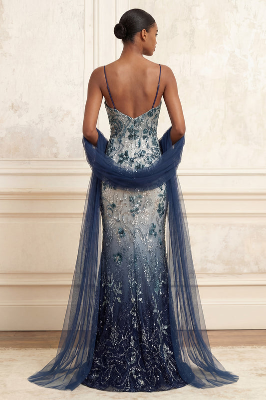 Spaghetti Straps Sparkly Navy Long Floral Beaded Prom Dress with Shawl
