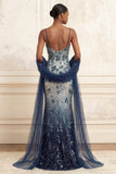 Spaghetti Straps Sparkly Navy Long Floral Beaded Prom Dress with Shawl