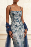 Spaghetti Straps Sparkly Navy Long Floral Beaded Prom Dress with Shawl