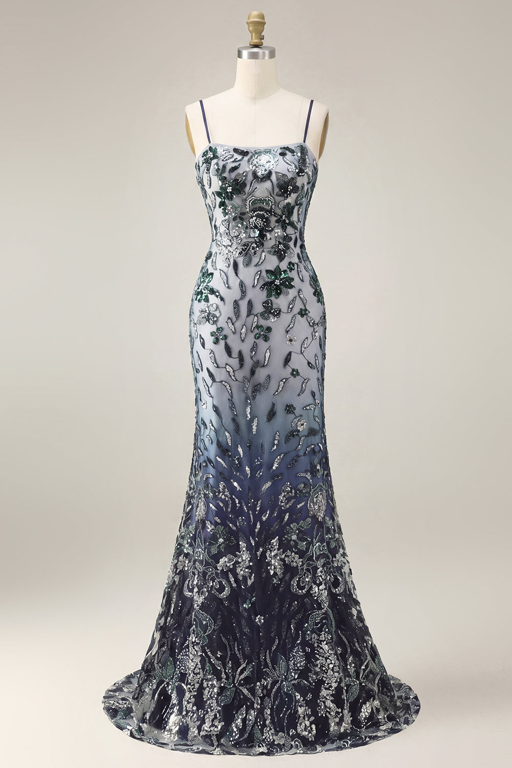 Spaghetti Straps Sparkly Navy Long Floral Beaded Prom Dress with Shawl