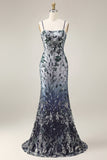 Spaghetti Straps Sparkly Navy Long Floral Beaded Prom Dress with Shawl