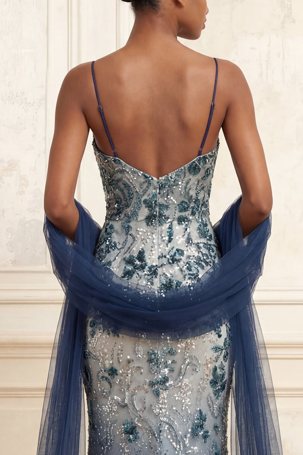 Spaghetti Straps Sparkly Navy Long Floral Beaded Prom Dress with Shawl