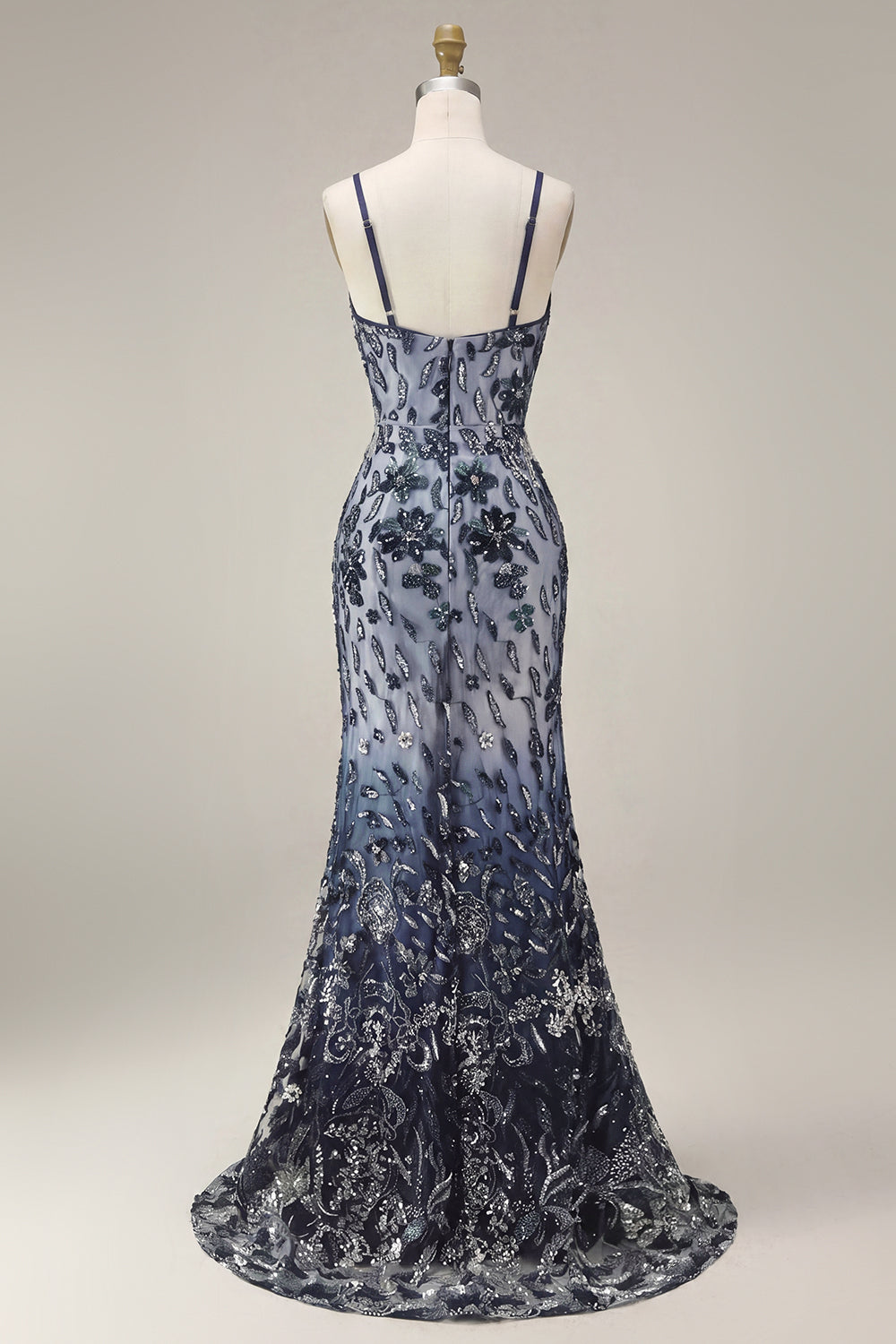 Spaghetti Straps Sparkly Navy Long Floral Beaded Prom Dress with Shawl