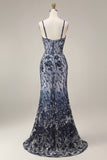 Spaghetti Straps Sparkly Navy Long Floral Beaded Prom Dress with Shawl