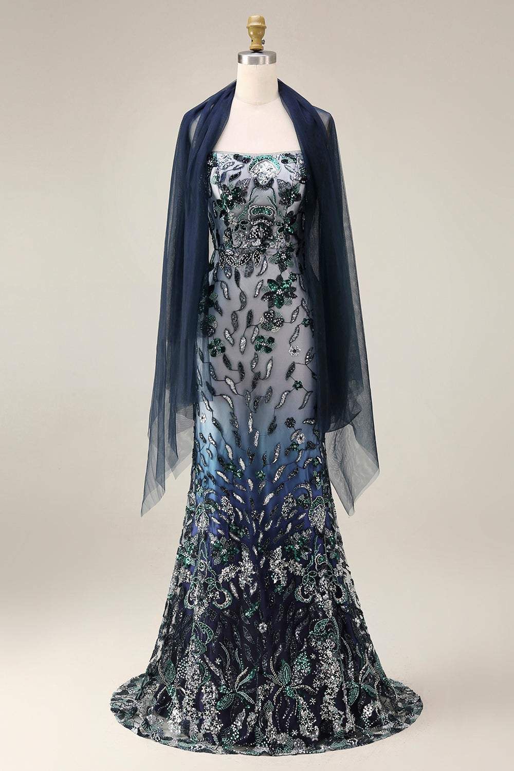 Spaghetti Straps Sparkly Navy Long Floral Beaded Prom Dress with Shawl